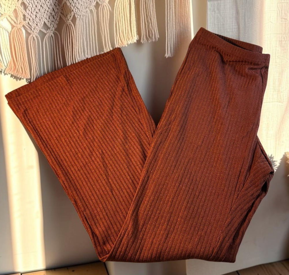 Shein Brown Rib Pull-On Flare Leg Pants Sz Large Soft Stretch Lounge Comfort